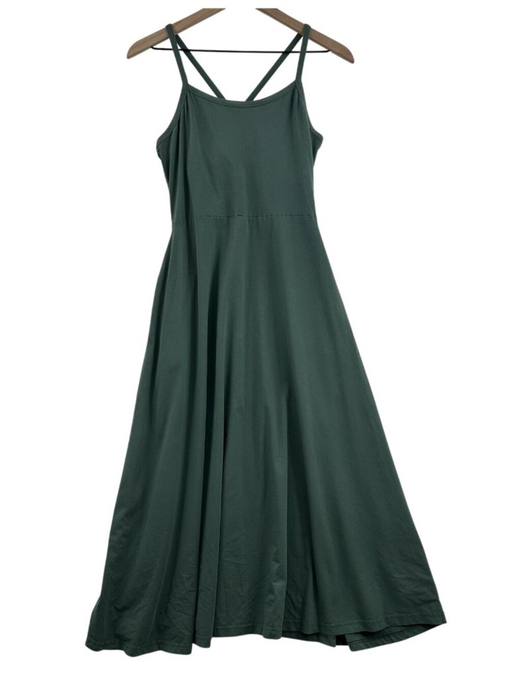 Pact Organic Cotton Green Midi Dress M Strappy Cross Back Pockets Built In Bra